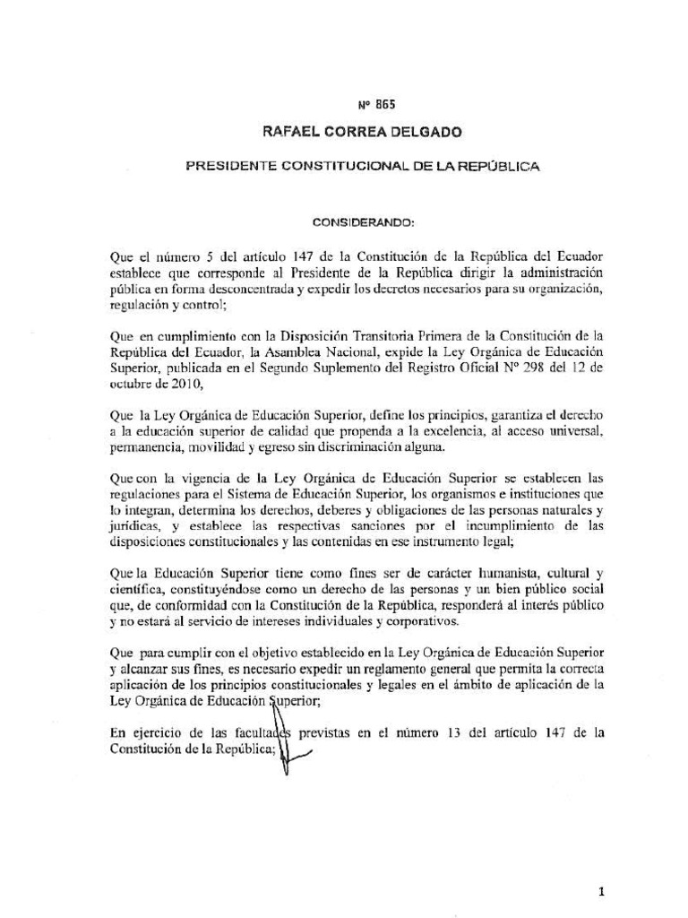 Reglamento A La Ley de Educación Superior Ecuador | PDF | Educación ...