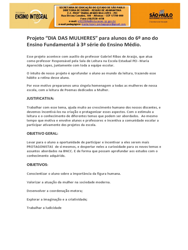 Projeto Dia Da Mulher Pdf Pedagogia