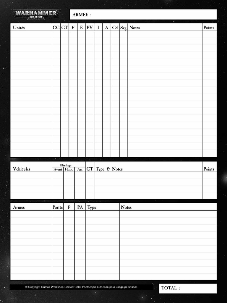 Feuille Armee 40k PDF