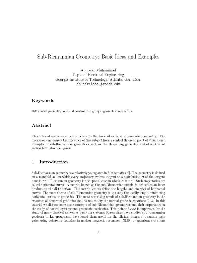 Sub riemannian geometry basic ideas and examples keywords pdf