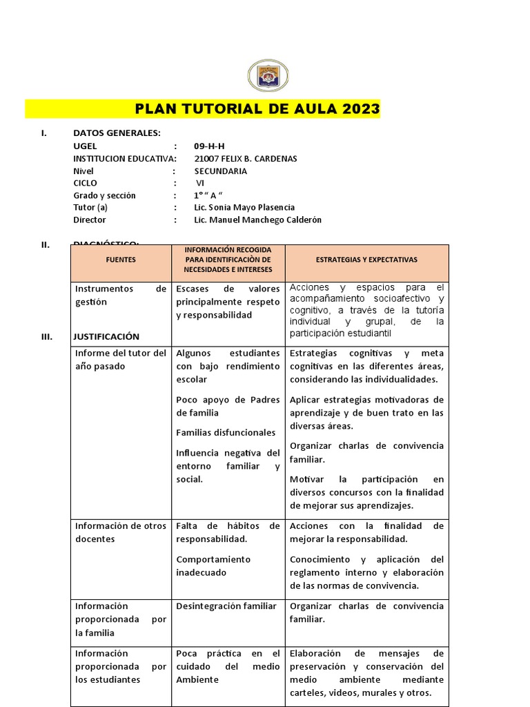 Plan de Tutoría Aula 2023 Secundaria | PDF