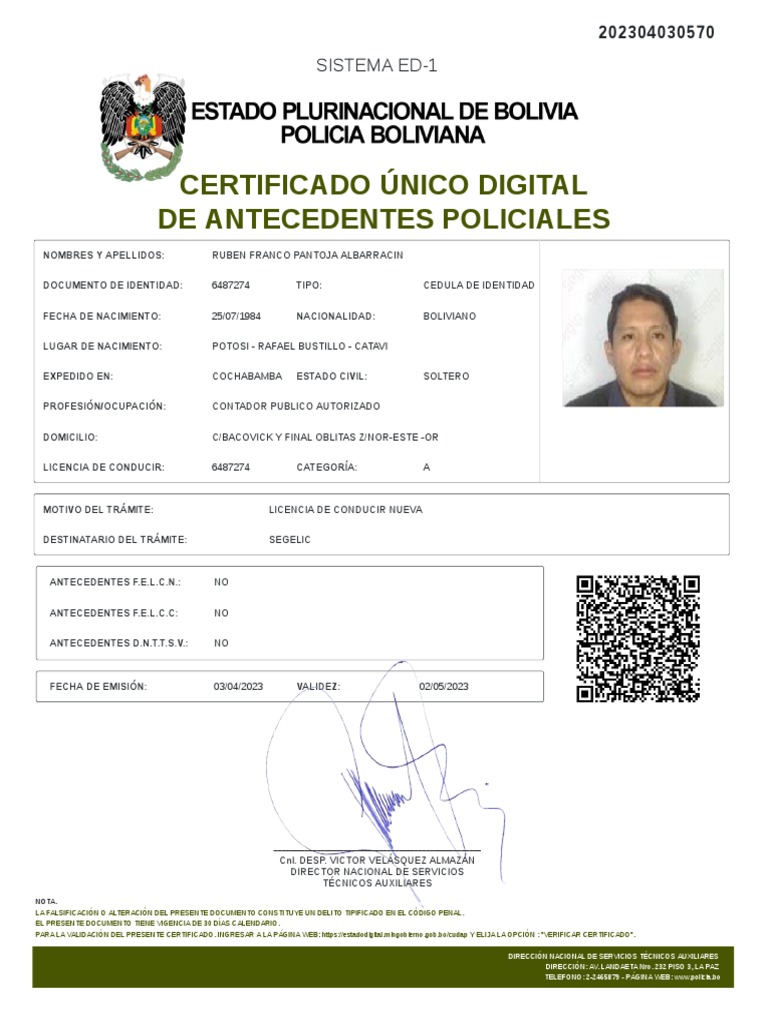 Certificado Único Digital de Antecedentes Policiales: Sistema Ed-1 | PDF