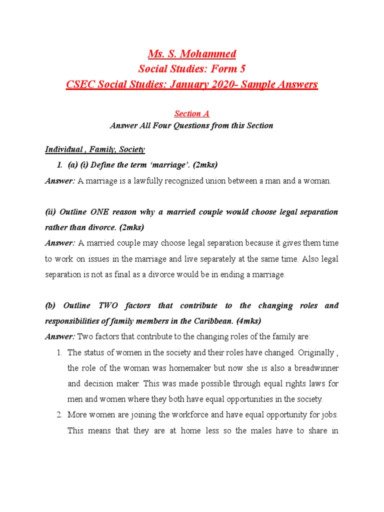 CSEC Social Studies Form 5 Sample Answers | PDF | Health Care | Schools
