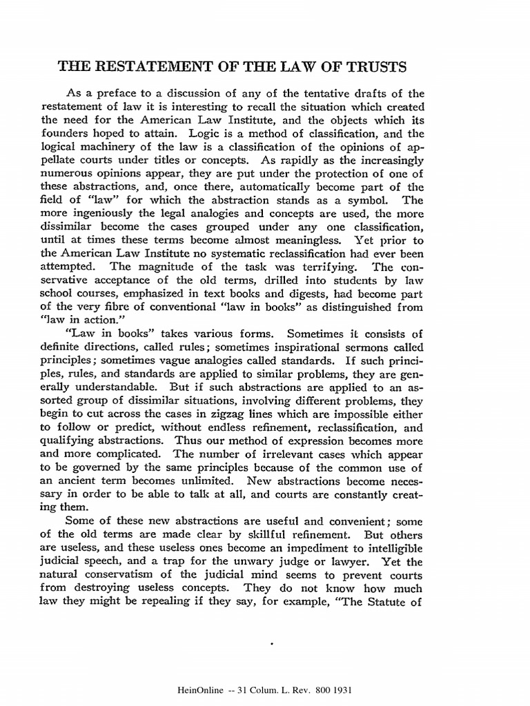 The Restatement Of The Law Of Trusts Heinonline 31 Colum L Rev 