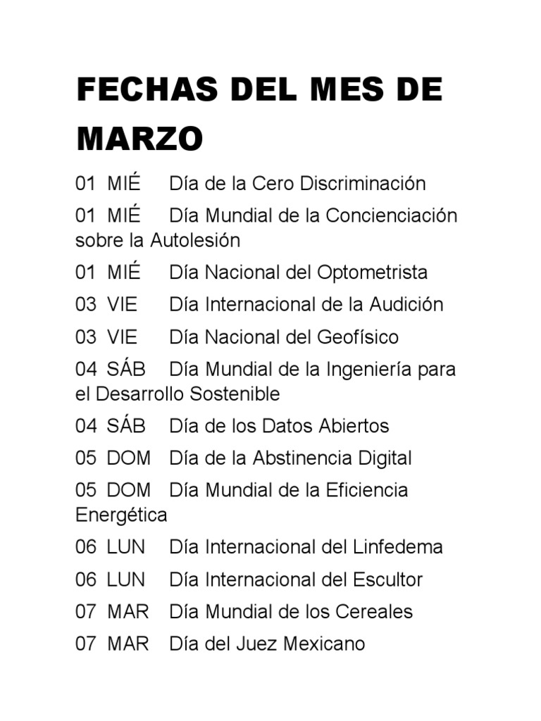 Fechas Conmemorativas Del Mes de Marzo PDF
