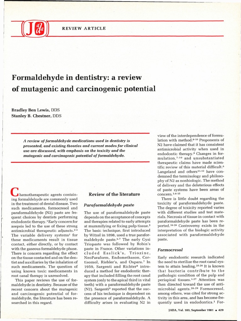 Formaldehyde in Dentistry PDF Mutagen Mutagenesis