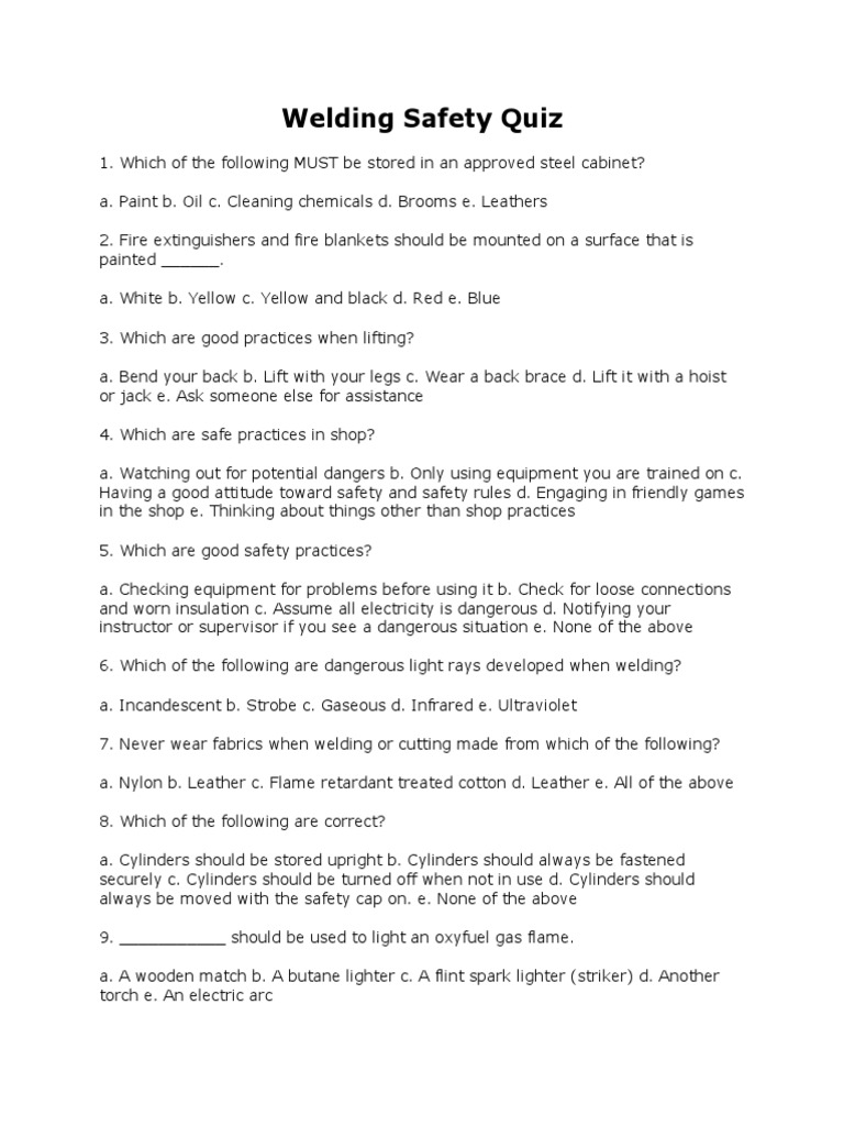 Welding Safety Quiz Ireland PDF Welding Construction