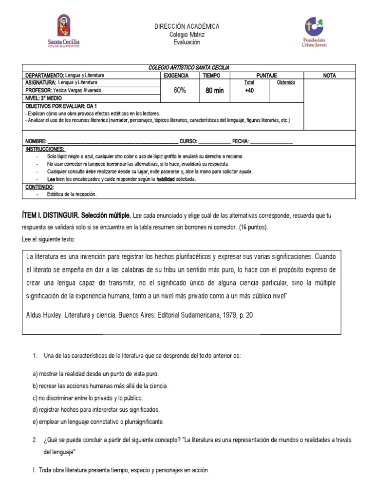 Evaluaci n 3 medio est tica de la recepci n pdf cognici n