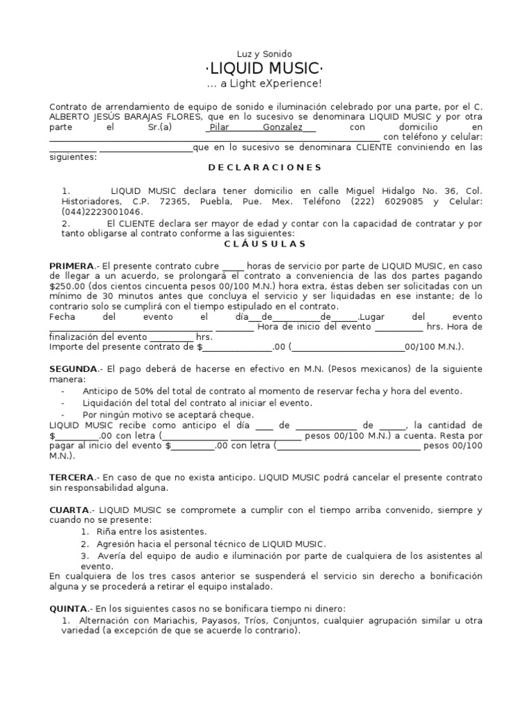 CONTRATO DE ARRENDAMIENTO DE EQUIPO DE SONIDO E ILUMINACIÓN