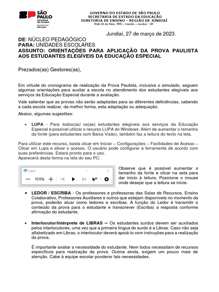 Orientações para Prova Paulista 2023 | PDF | Educação Especial ...