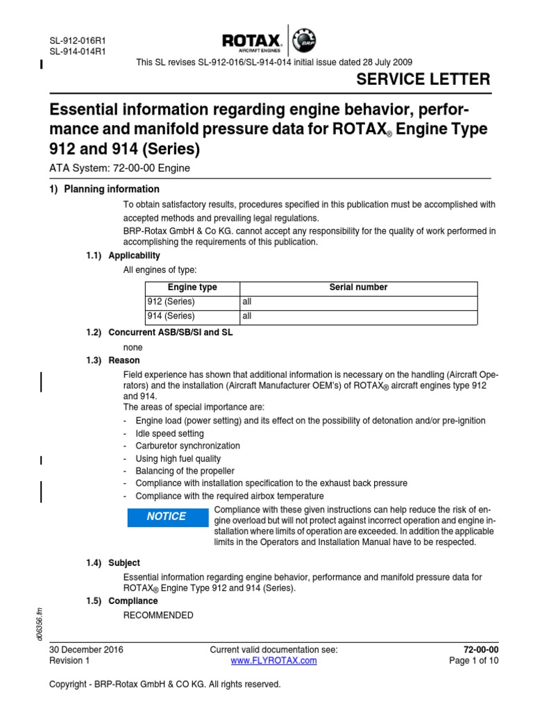 Service letter essential information regarding engine behavior perfor