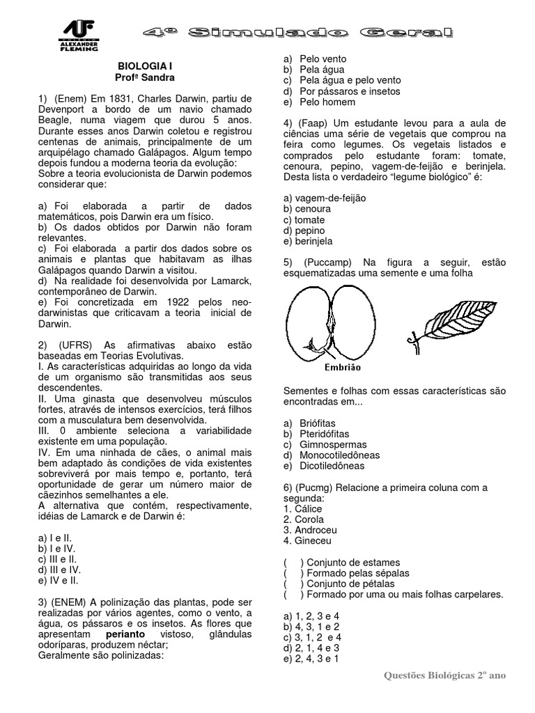 Questões de Biologia para 2º Ano | PDF | Flores | Peixes