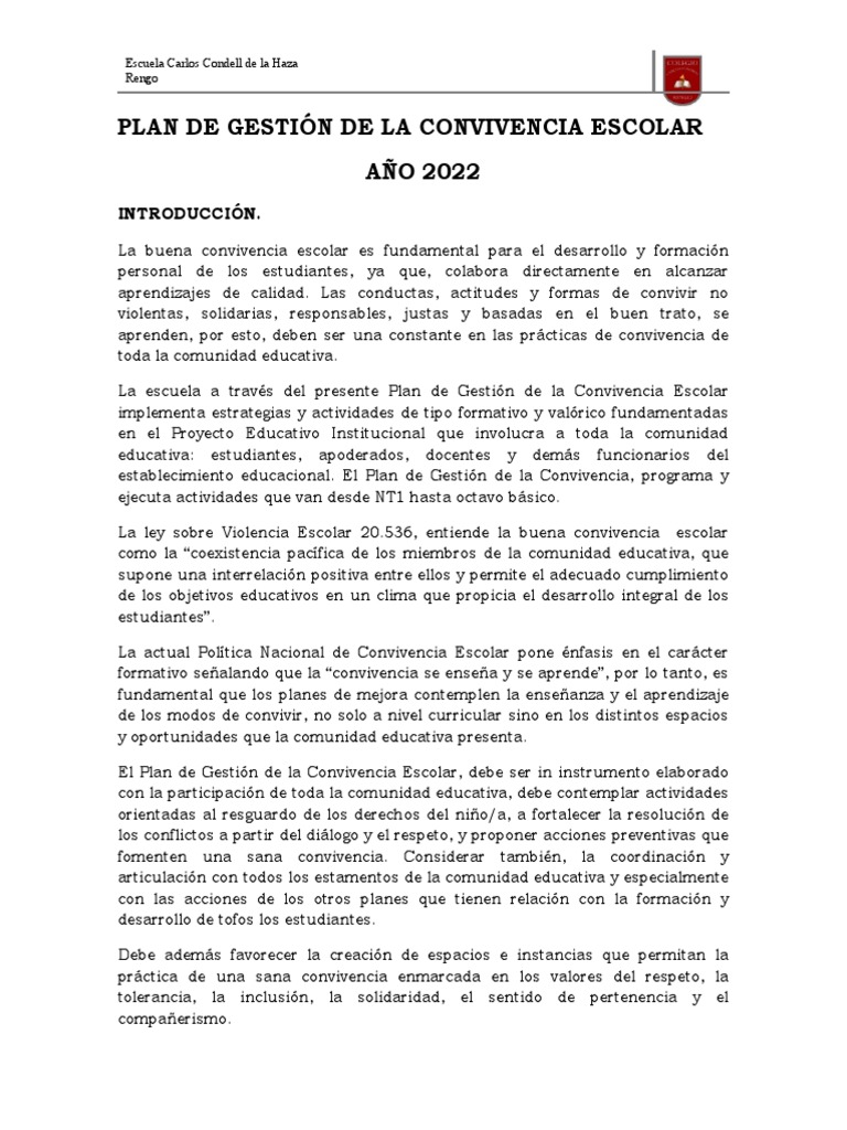 Plan de Gestión de La Convivencia Escolar 2022 | PDF | Enseñando ...