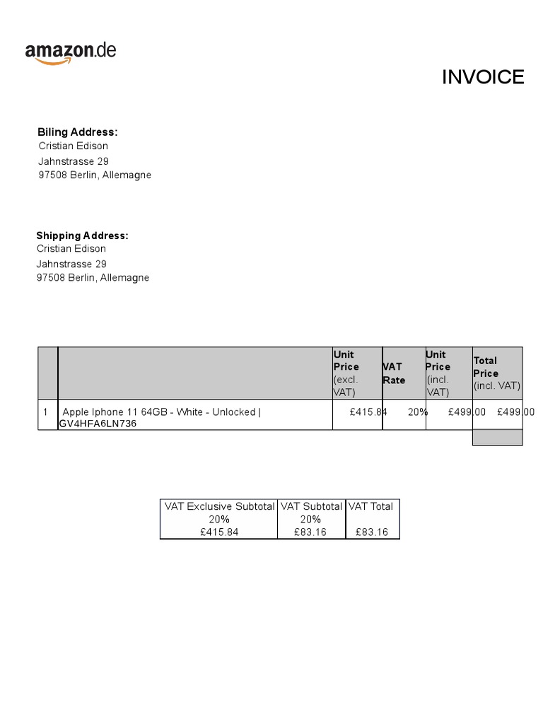 Invoice for the Purchase of an Unlocked White Apple iPhone 11 64GB from