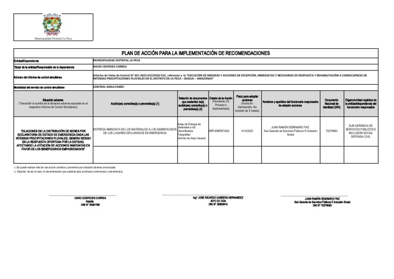 Plan de Acción para La Implementación de Recomendaciones | PDF | Gobierno