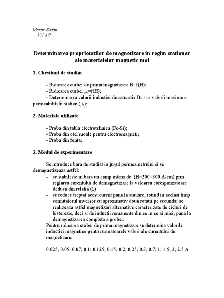 Determinarea Proprietatilor de Magnetizarre in Regim Stationar | PDF
