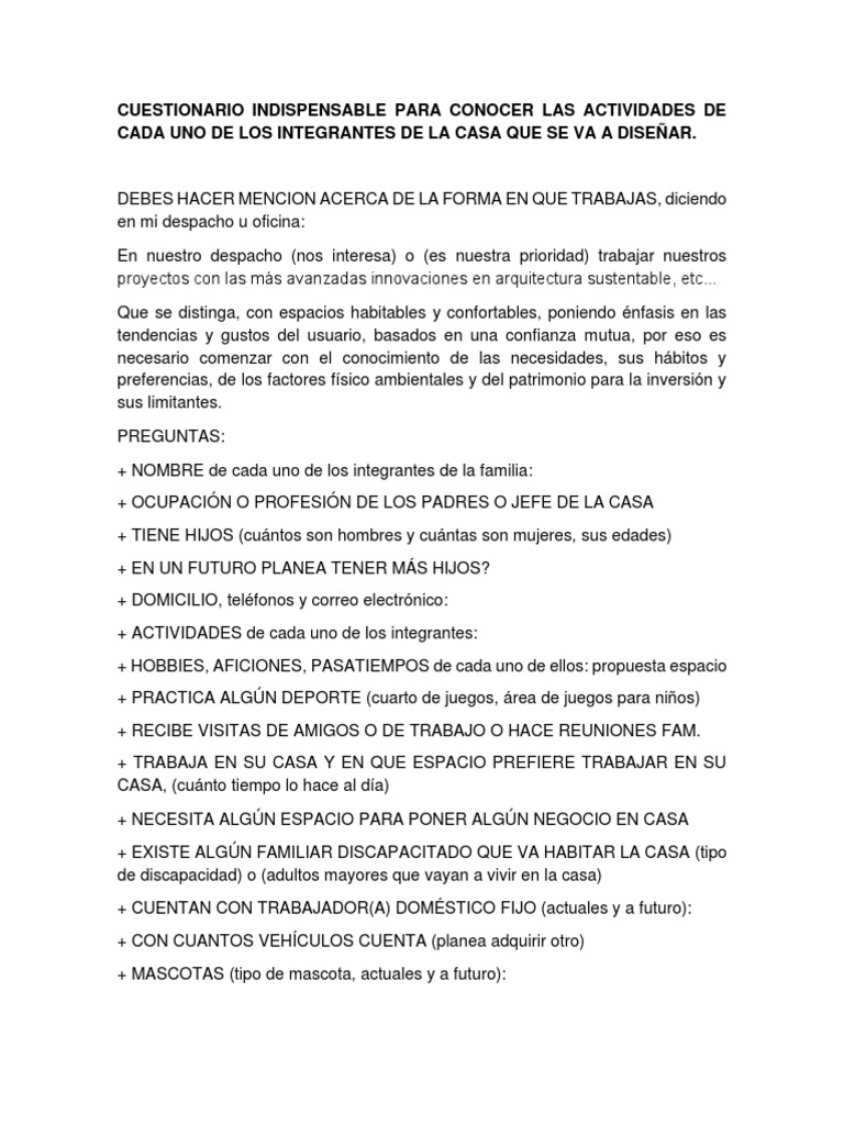 Cuestionario para Diseño de Interiores | PDF