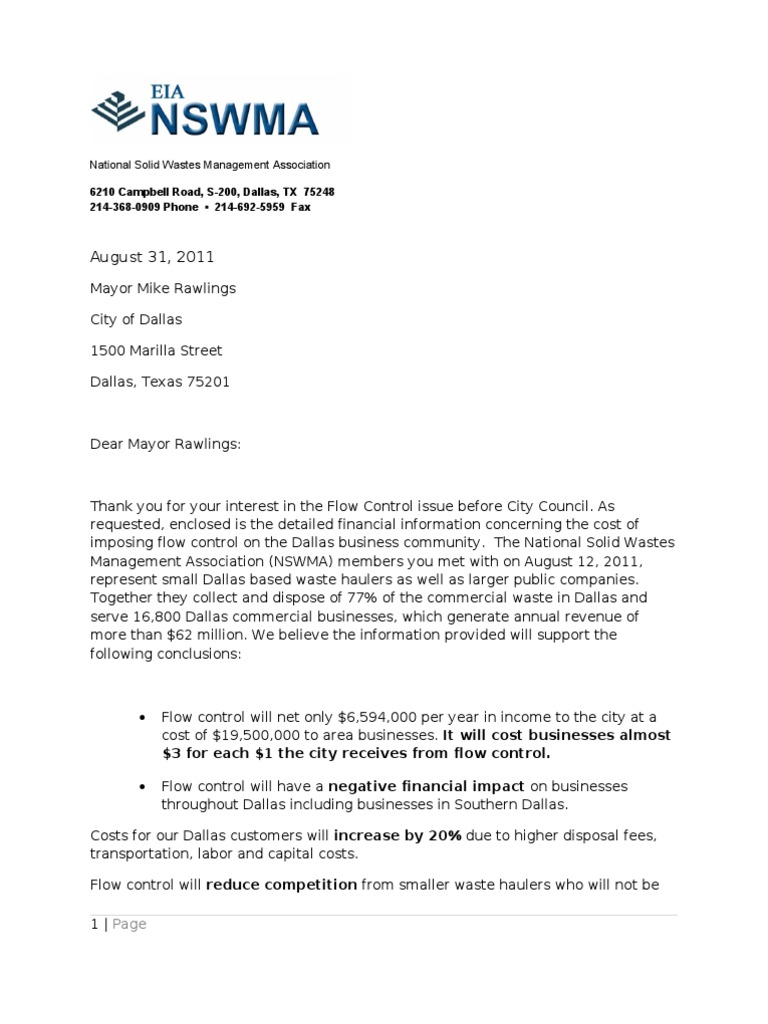 Cover Letter for Mayors Meeting | Waste Management | Landfill