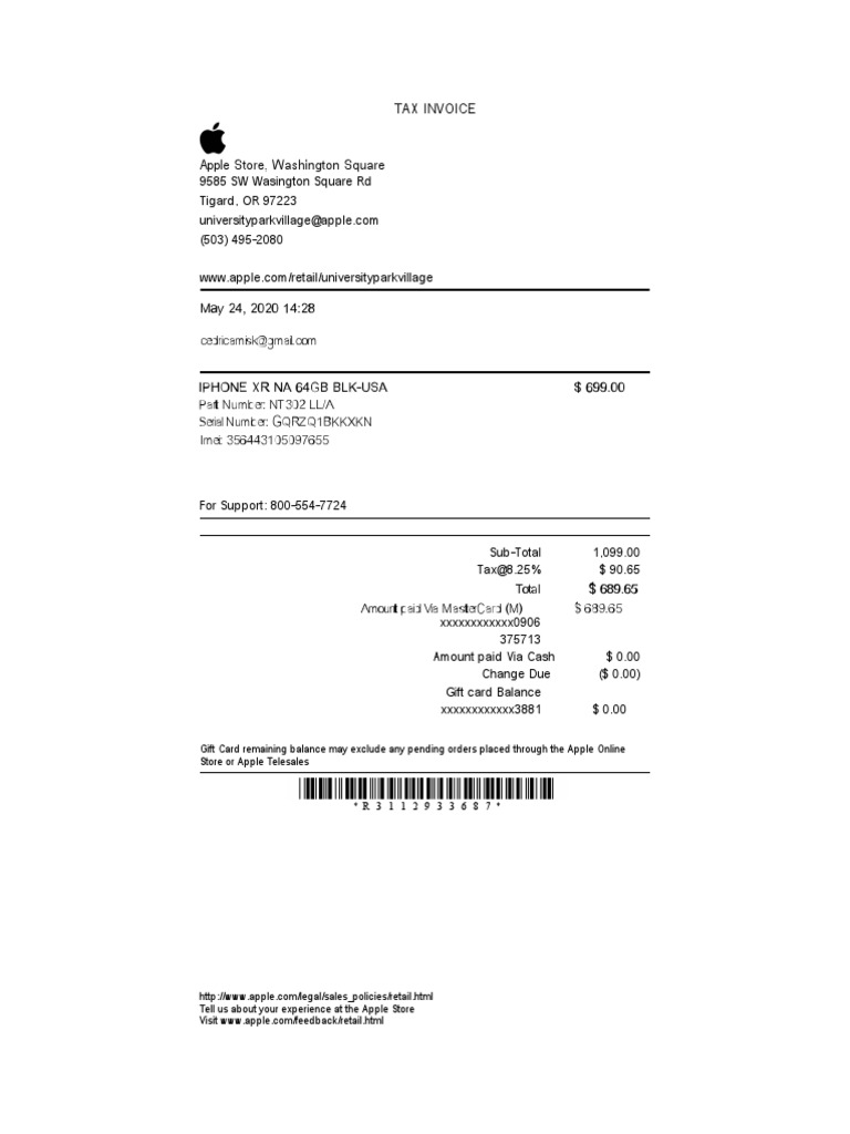 Email Recept Iphone XR PDF