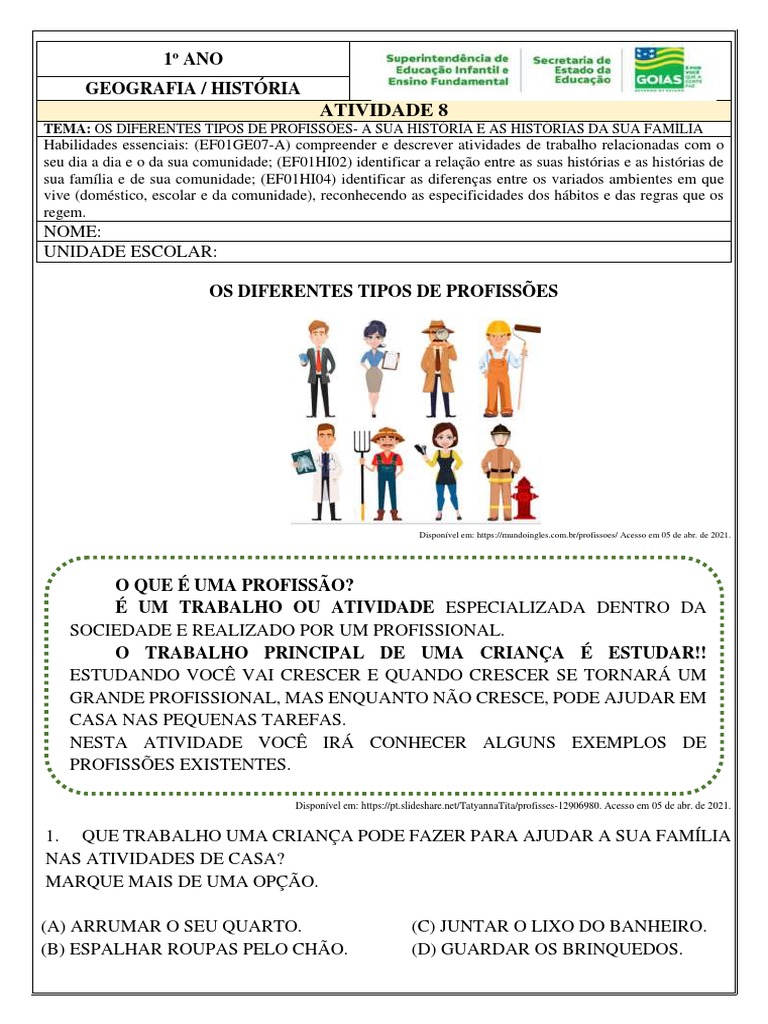 Atividade 8 1o Ano GEO HIS Tema Os Diferentes Tipos de Profissoes A Sua ...