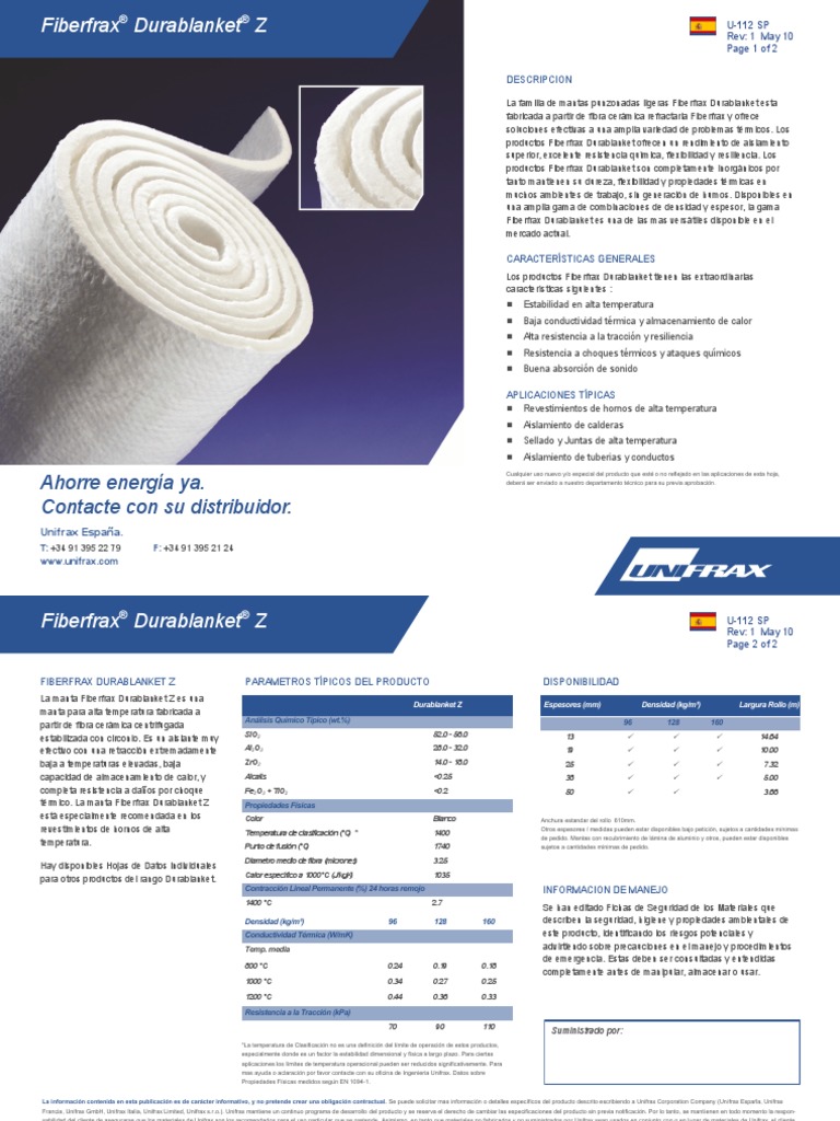 MANTA FIBERFRAX ZIRCONIO Unifrax PDF Temperatura Metrología