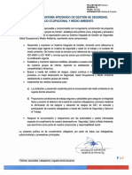 Política Del Sistema Integrado de Gestión de Seguridad, Salud Ocupacional Y Medio Ambiente