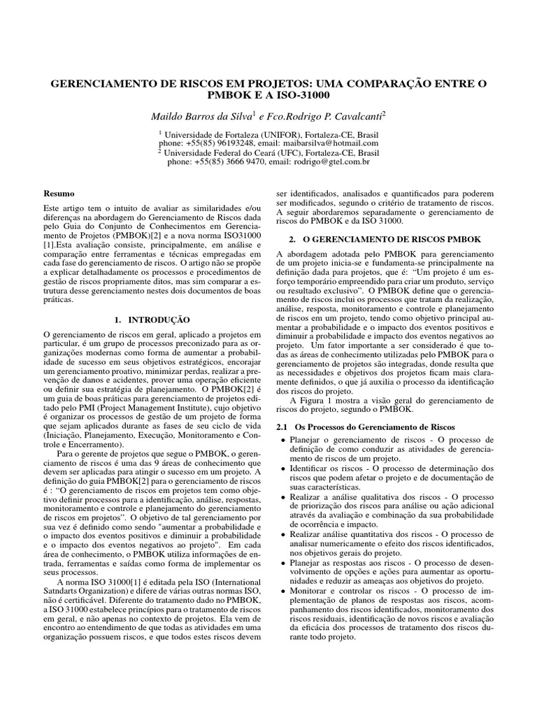 Comparação PMBOK e ISO 31000 em Riscos | PDF | Business | Gestão de ...