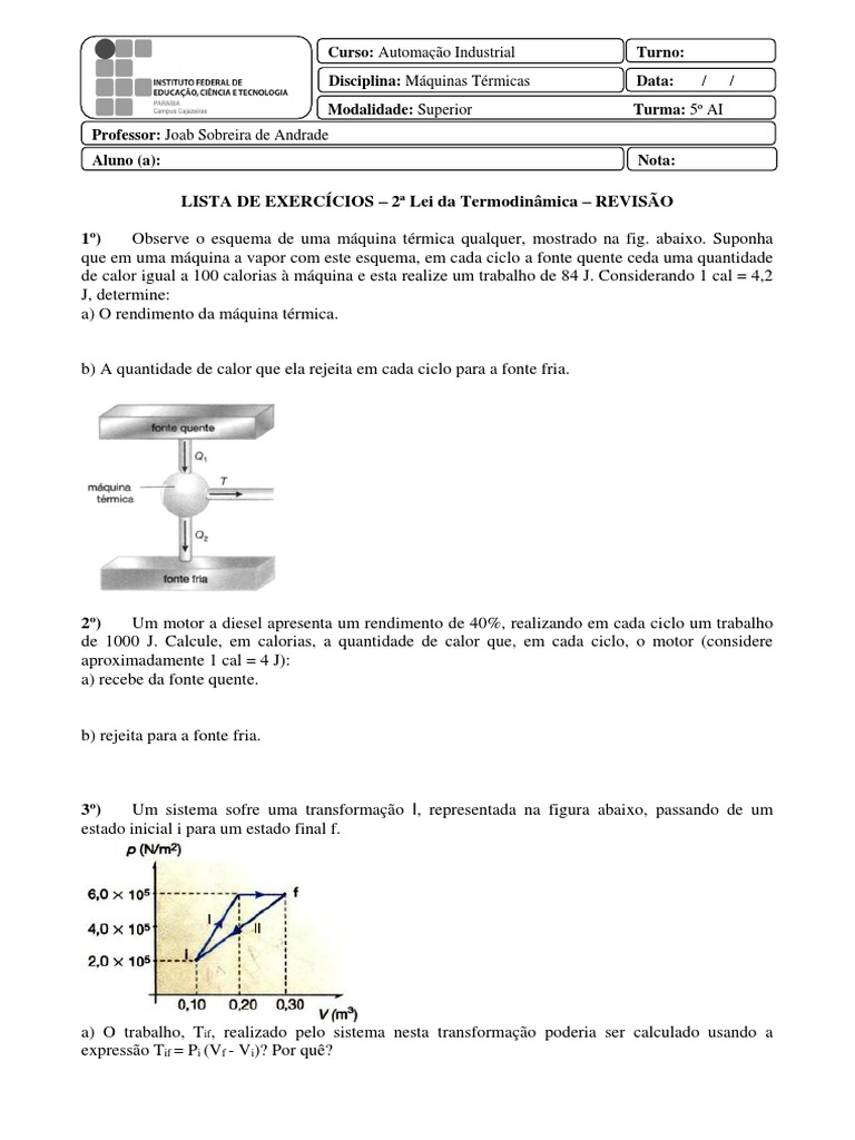 Exercícios sobre Máquinas Térmicas | PDF | Calor | Termodinâmica