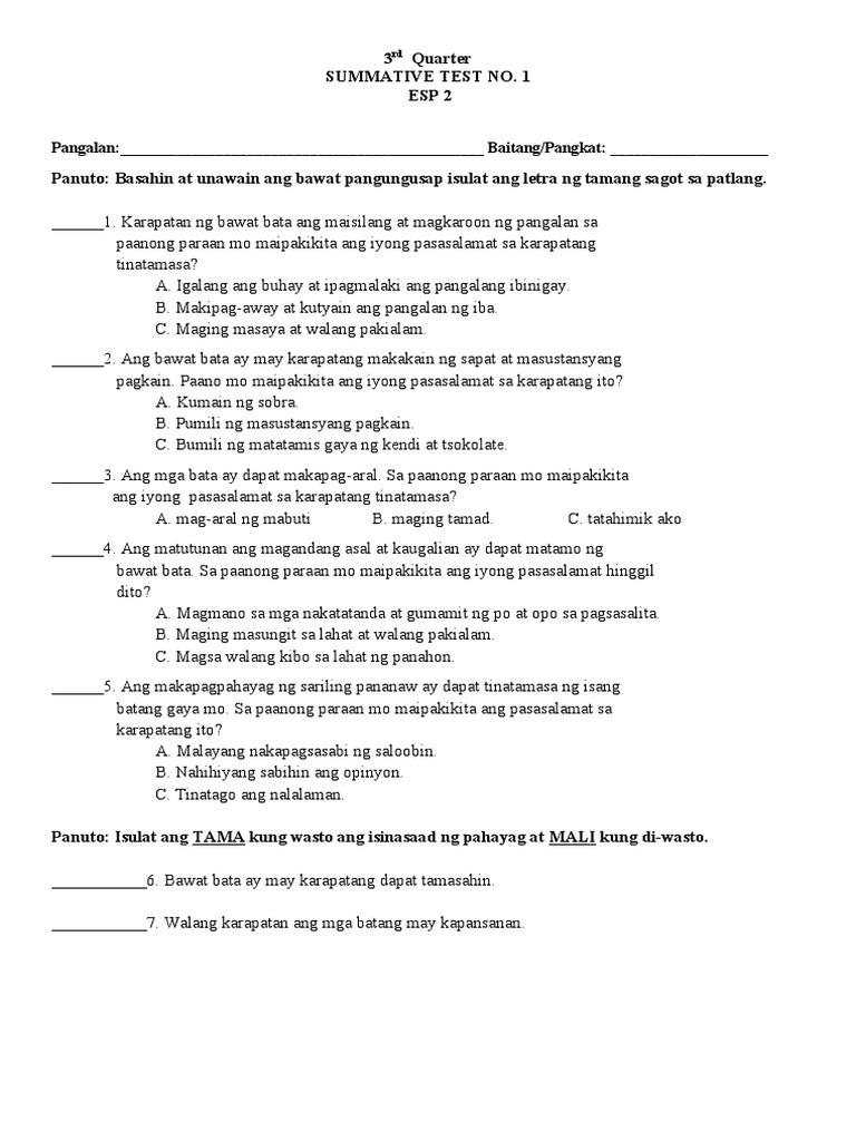 Third Quarter Summative Test 1 Pdf