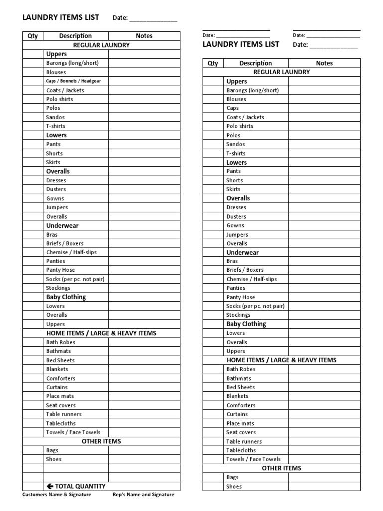 Sample Laundry Items List Form PDF
