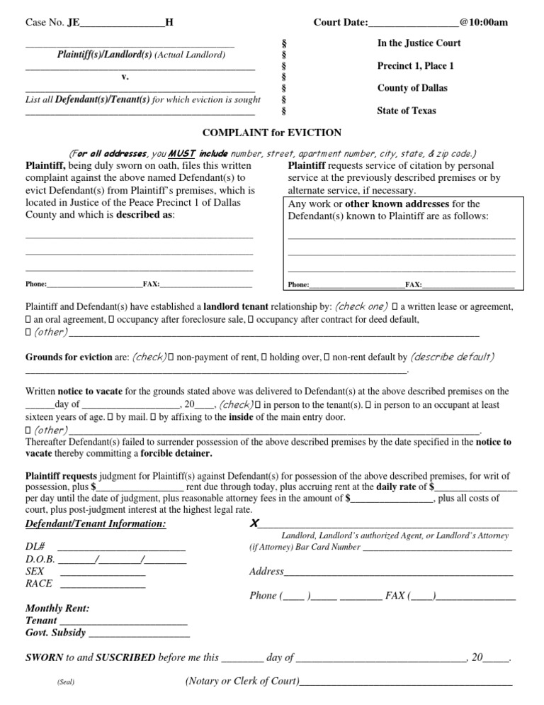 Texas Eviction Complaint Form Template | PDF