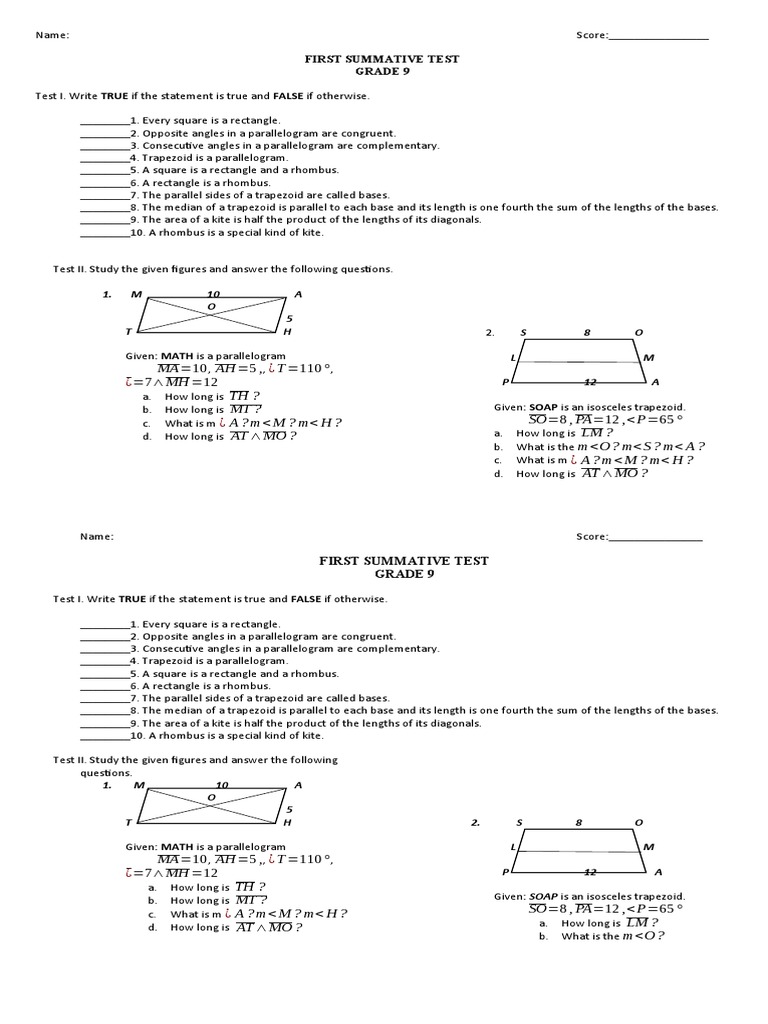 Summative Test 9 Pdf Rectangle Elementary Mathematics