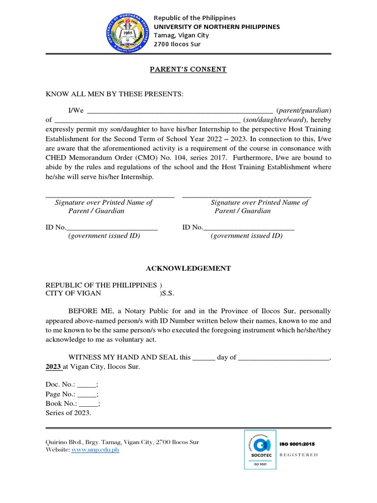 Parent's Consent for Internship 2023 | PDF | Law
