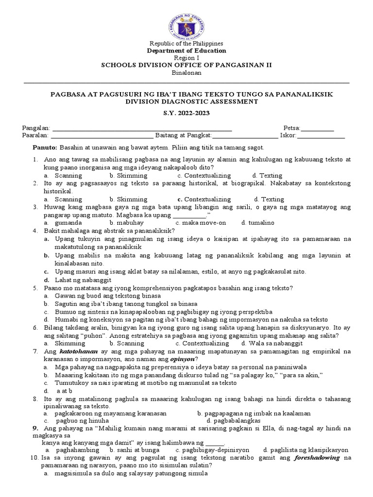 Shs Pagbasa At Pagsusuri Sa Ibat Ibang Teksto Tungo Sa Pananaliksik Pdf