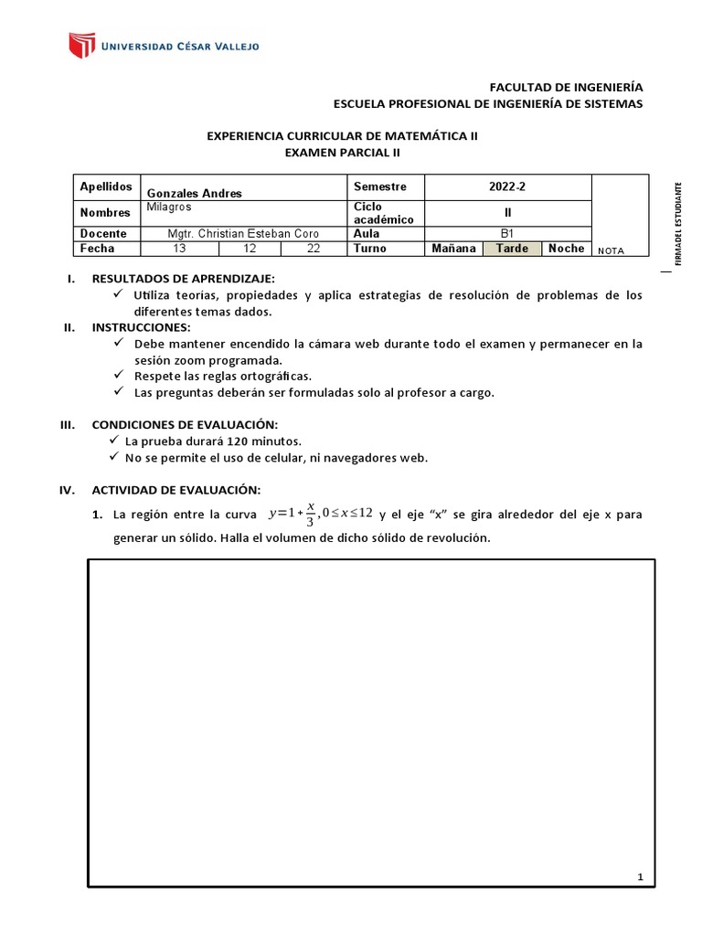 Examen Final - Mate 2@ | PDF | Integral | Análisis matemático