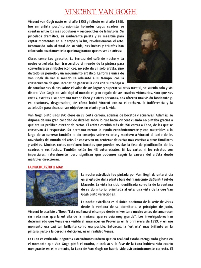 Biografía y obras de Van Gogh | PDF | Vincent Van Gogh | Artes plásticas
