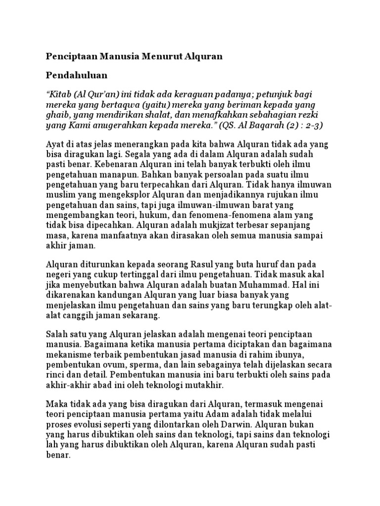 Proses Penciptaan Manusia Menurut Al Quran Dan Ilmu Pengetahuan