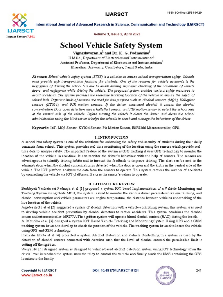 School Vehicle Safety System PDF Arduino Of Things