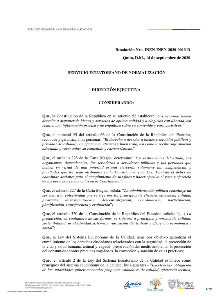 Normas de calidad y seguridad en Ecuador | PDF | Ecuador | Constitución