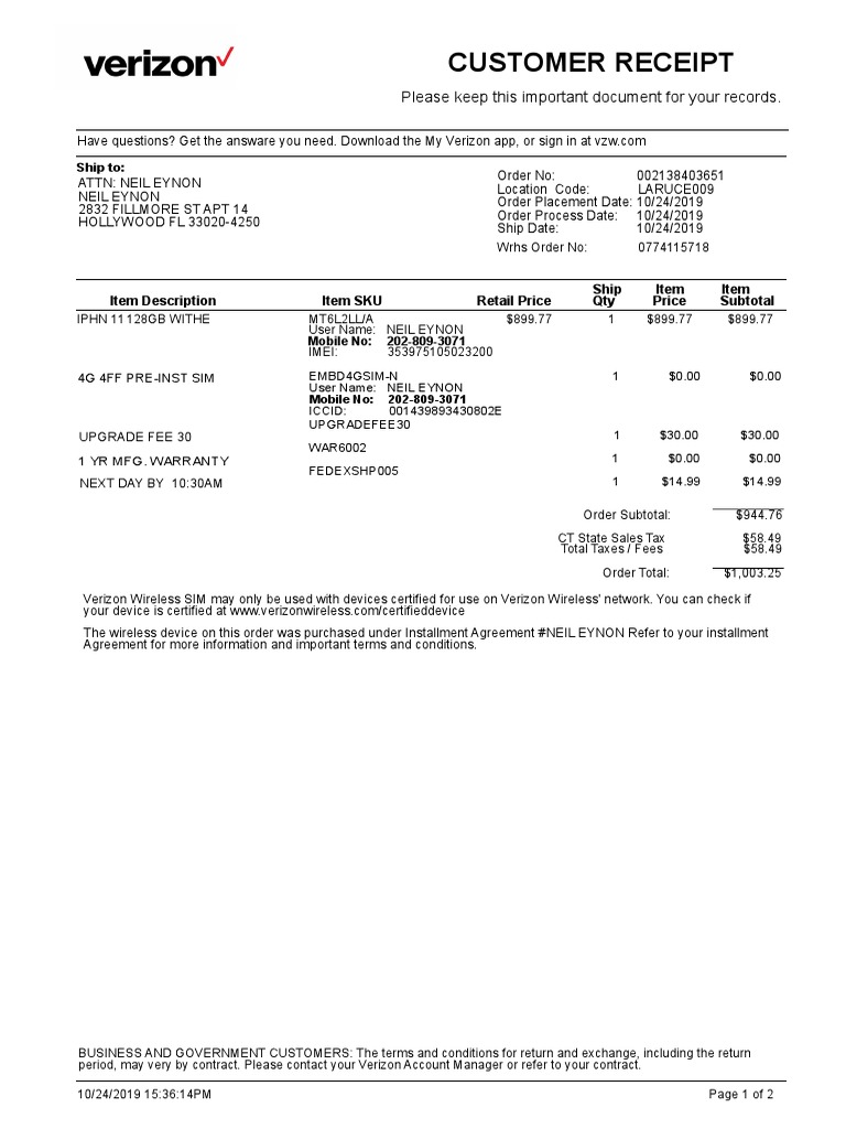 Verizon iPhone 11 Purchase Receipt | PDF | Service Industries ...