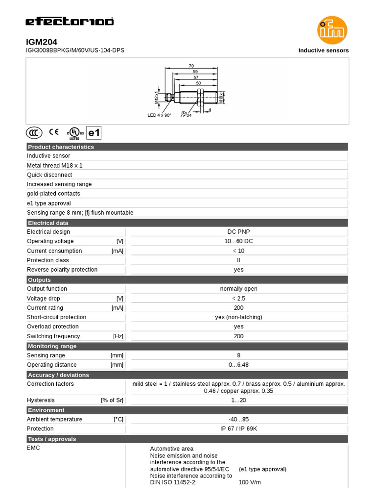 Efector IGS232 M18 Inductive Proximity Sensor - 8mm Sensing Range, 60mm Length, DC PNP, Flush Mount