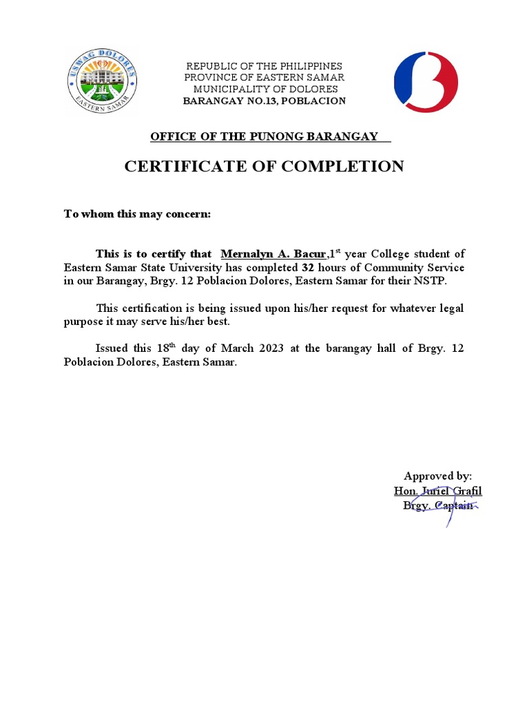 Cert Of Completion Sample