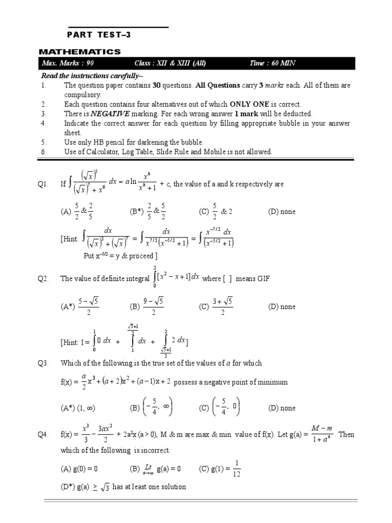 Maths Part Test 3 Solution Pdf Function Mathematics Tangent