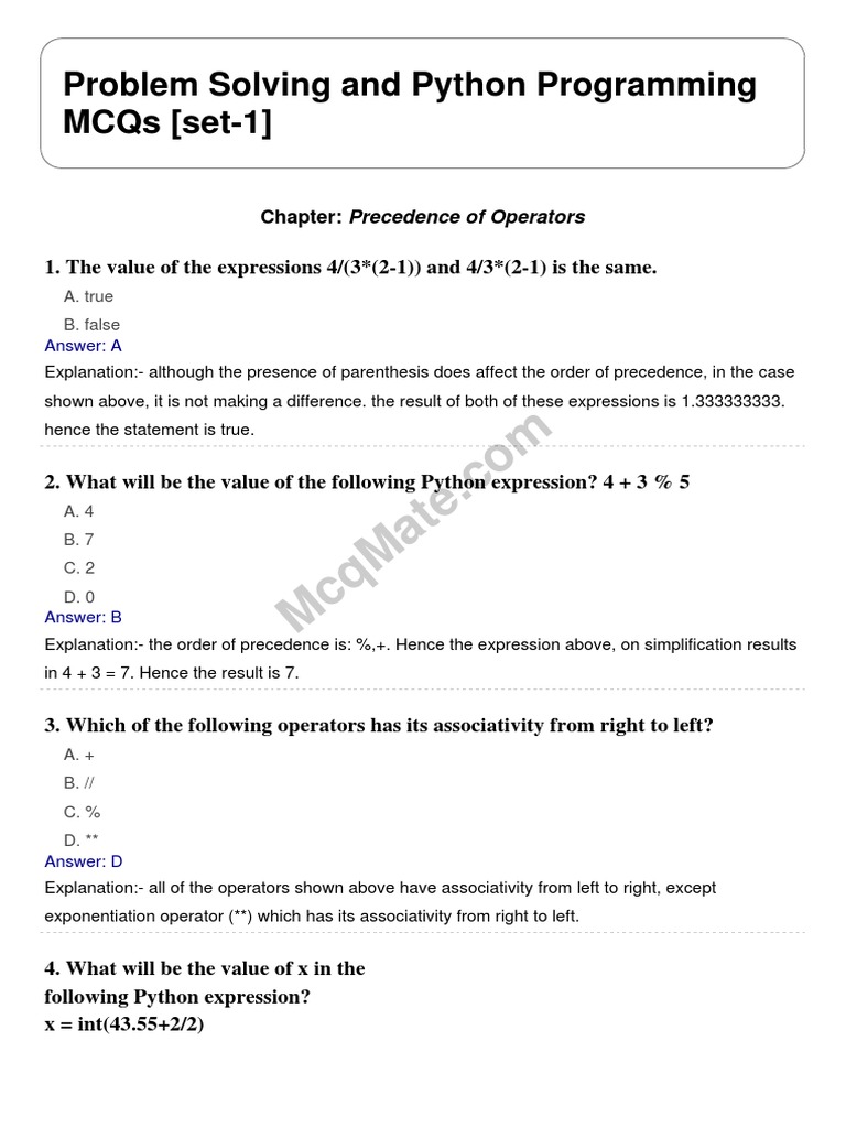 Problem Solving And Python Programming MCQs set 1 Understanding Problem solving and python programming mcqs set 1 understanding