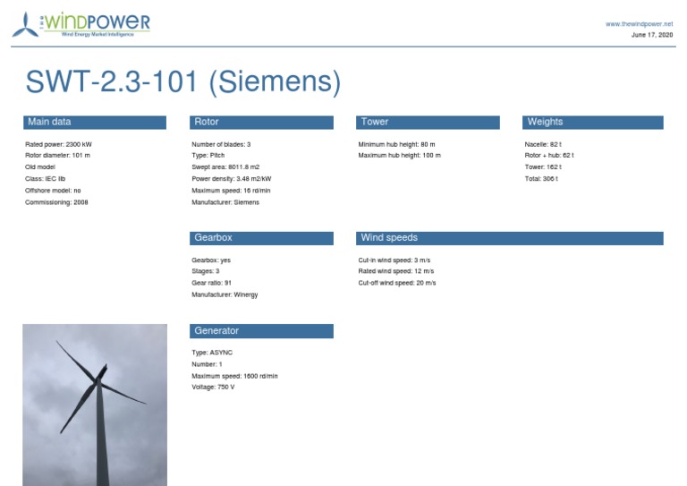 Siemens SWT-2.3-101 Wind Turbine Specs | PDF | Science & Mathematics ...
