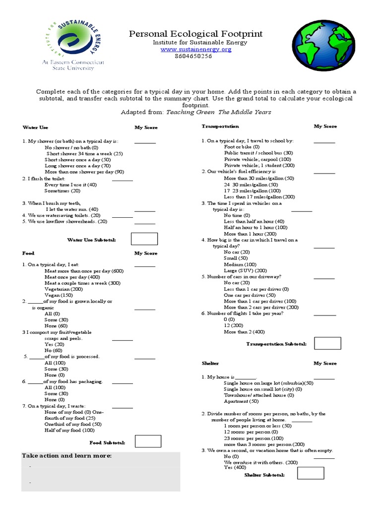 Ecological Footprint Worksheet PDF Recycling Refrigerator