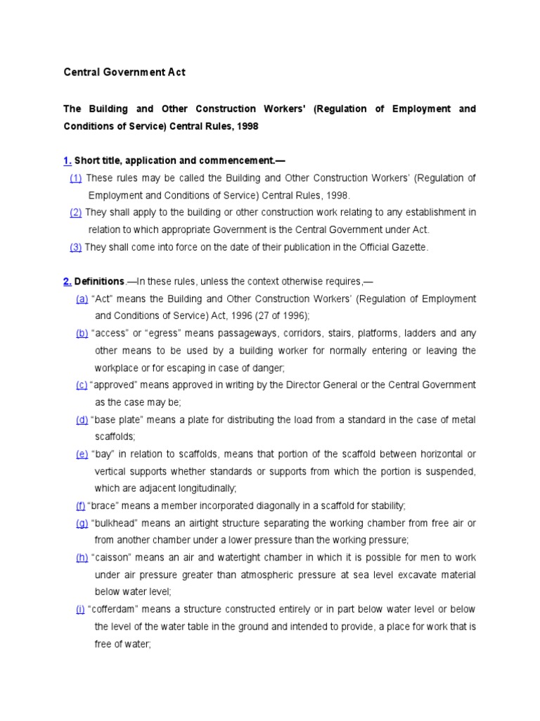 BOCW Central Rules 1998 PDF Scaffolding Employment