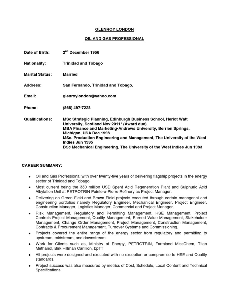 Strategic Project Manager Global in Trinidad Tobago Resume Glenroy