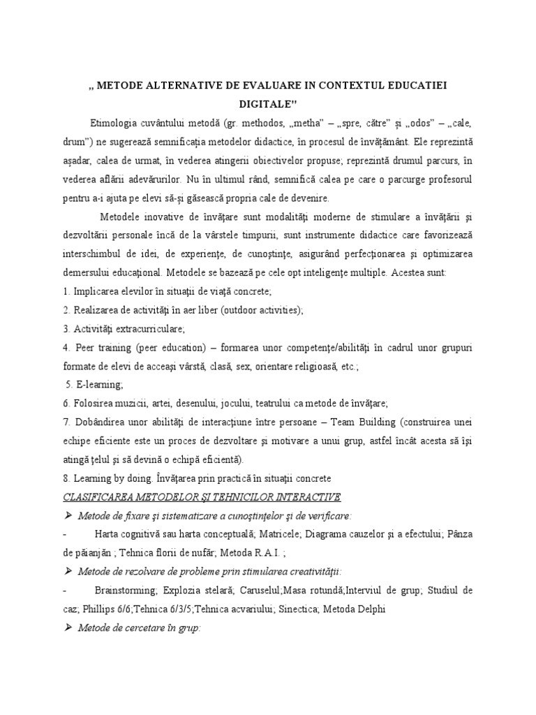 Metode Alternative de Evaluare in Contextul Educatiei Digitale | PDF