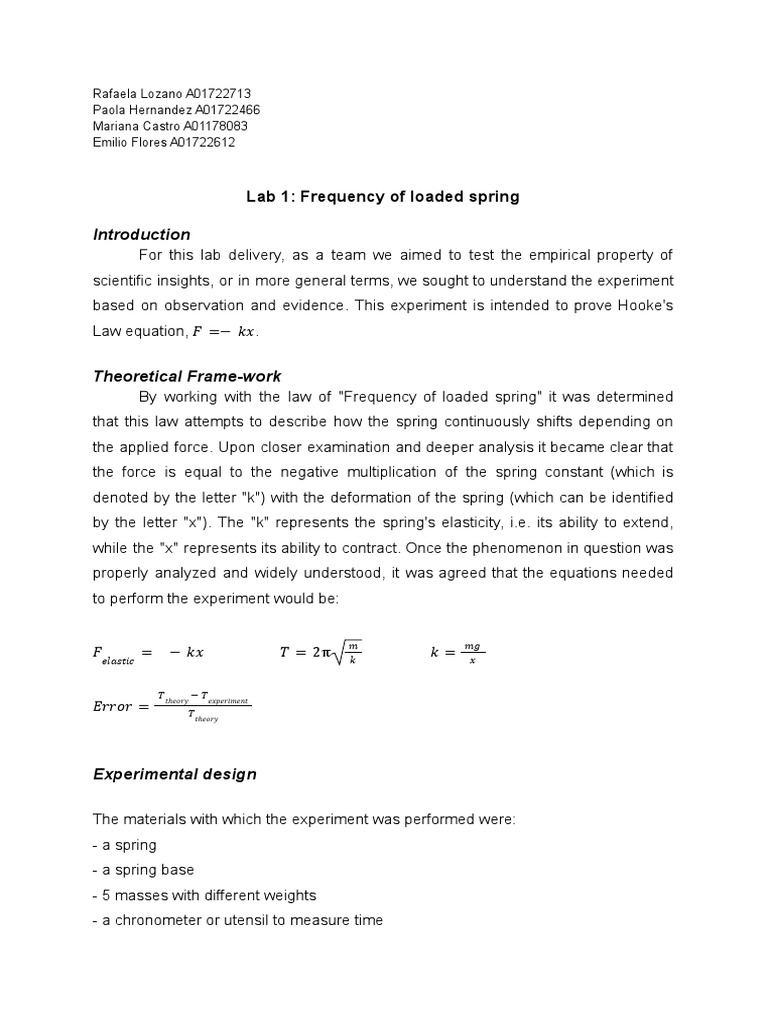 Lab 1 Frequency of Loaded Spring PDF Experiment Force